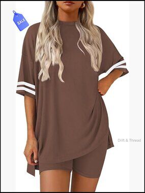 Oversized Short Sleeve Top Biker Shorts Pajama Lounge Set Comfy